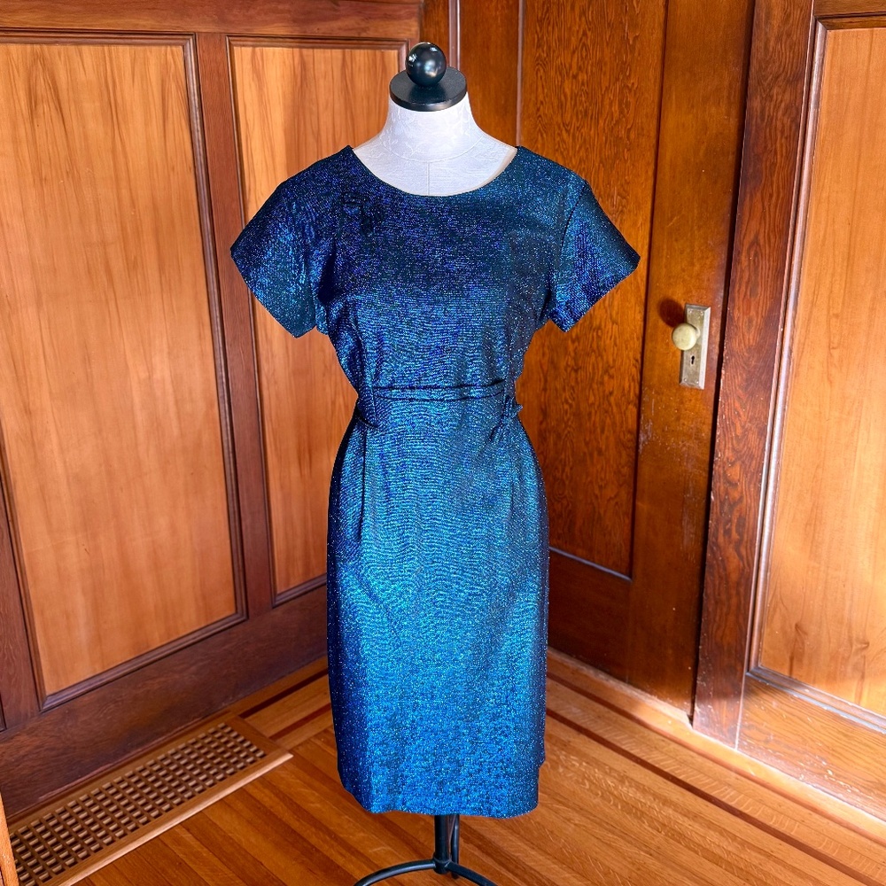 Vintage 50s 1950s Blue Metallic Lurex Wiggle Dress Cocktail Evening, Sz Large